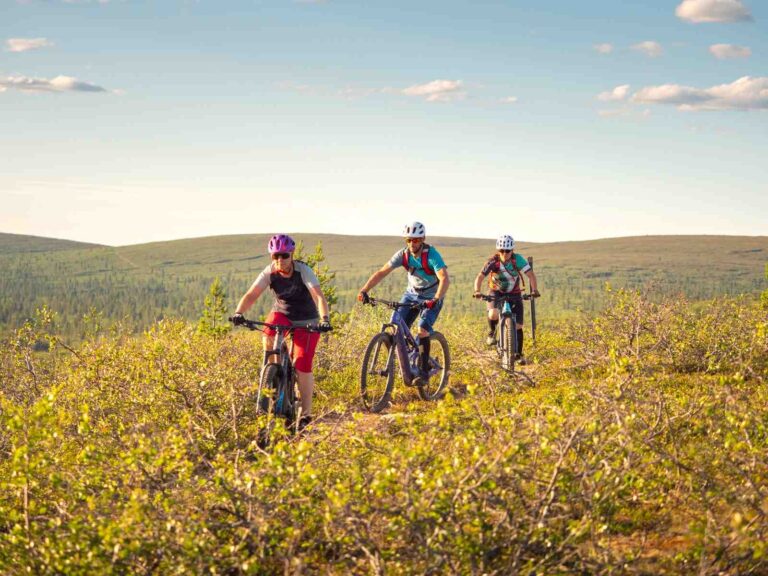 Kolme maastopyöräilijää ajaa tunturimaisemassa